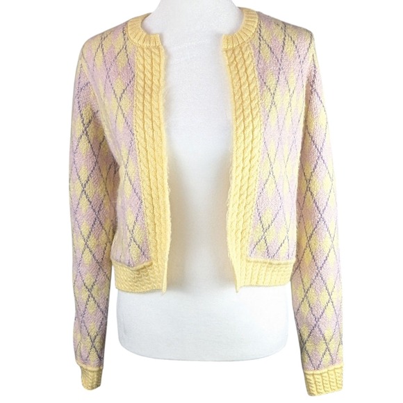 Zara Argyle Knit Cardigan Size XS Open Front Yellow Pink Purple Metallic Sweater - Picture 1 of 8